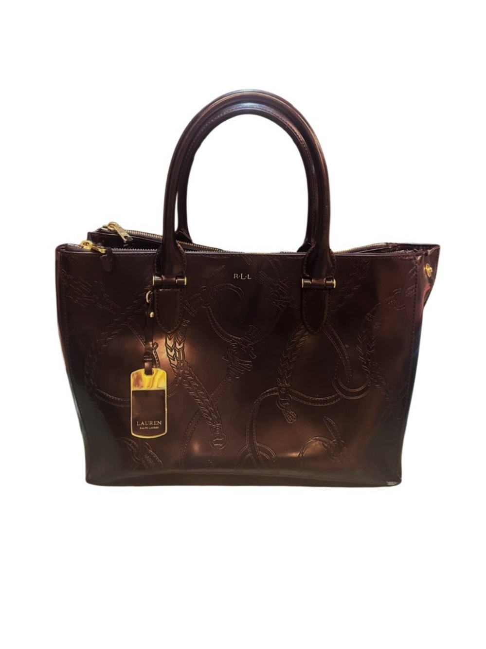 Lauren Ralph Lauren Black Embossed Leather Satchel Gold Tone Hardware EUC